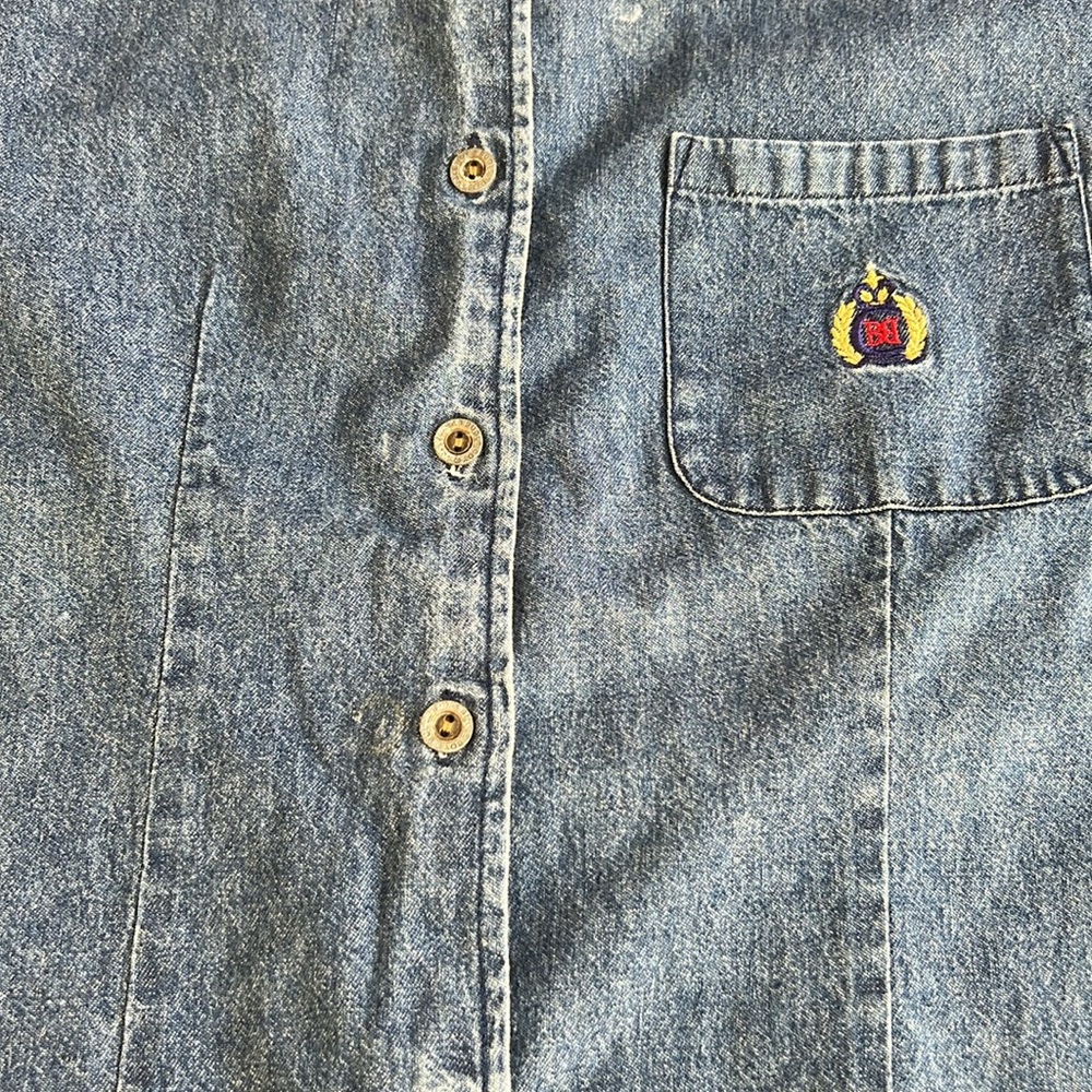 🌞 Bugle Boy For Her Vintage 90s short sleeve button up blue denim shirt M - Picture 14 of 16